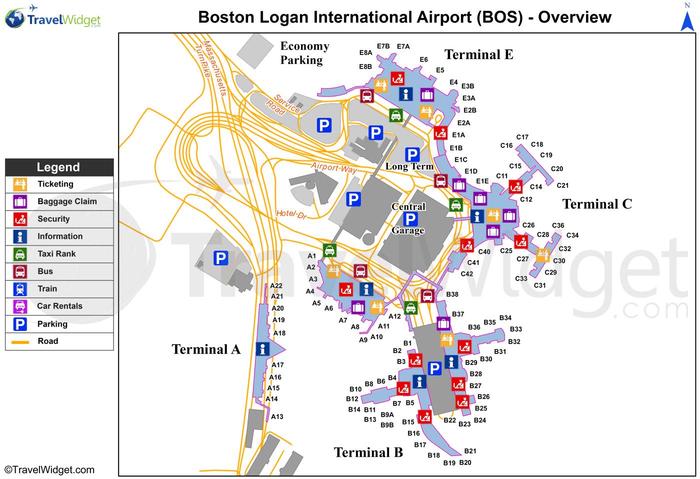 Earliest Pedestrian down Boston Logan terminal de carte - Logan airport terminal de carte  (États-unis d'Amérique)
